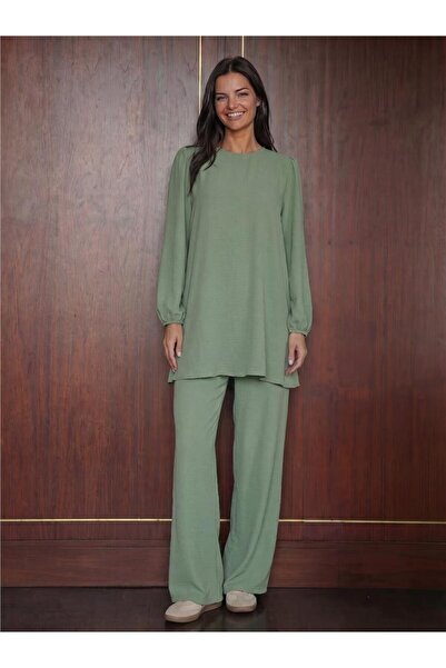 WeShaya Çağla Flexible Textured Long Sleeve Straight Cut Tunic Pants Bottom T...