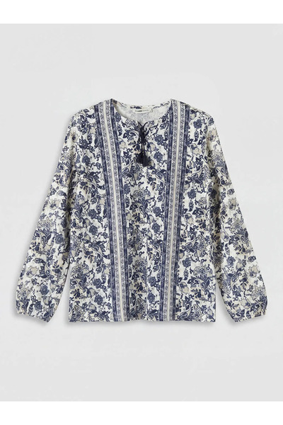 LC Waikiki Ecru Tie Neck Patterned Blouse