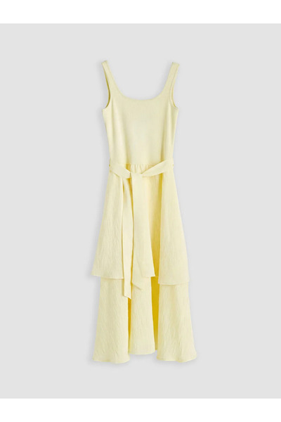 LC Waikiki Yellow U-Neck Belted Layered Dress