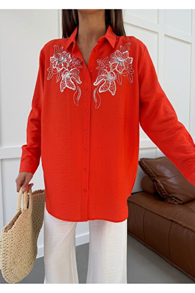 MİA NOURA Women's Shirt with Beaded Embroidery on Front and Sleeves, Oversize...