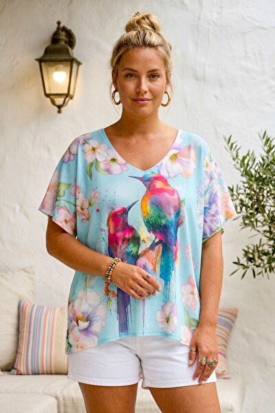 Chiccy Italian Blue-White V-Neck Low Sleeve Slim Digital Printed Casual Merce...