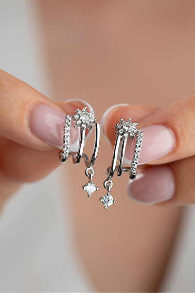 Silvano Jewelry 925 Ayar Gümüş Çiçekli Üçlü Model Özel Tasarım Küpe