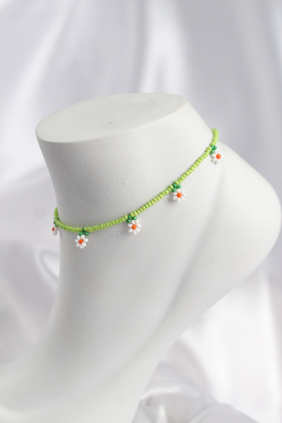 MEKs Green Color Beaded Daisy Motif Anklet 5886 - Hep-8821-9521