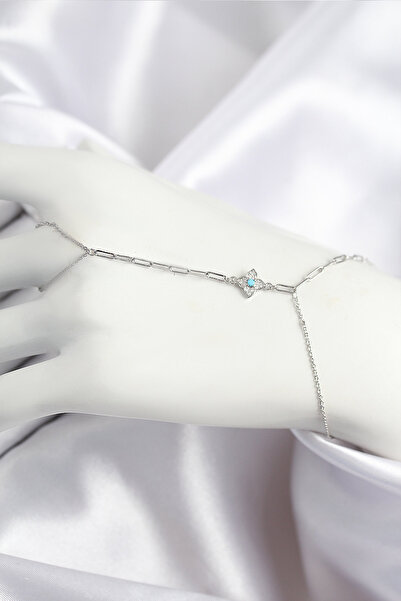 MEKs Brass Zircon Stone Blue Beaded Clover Model Silver Color Şahmeran 5886 -...