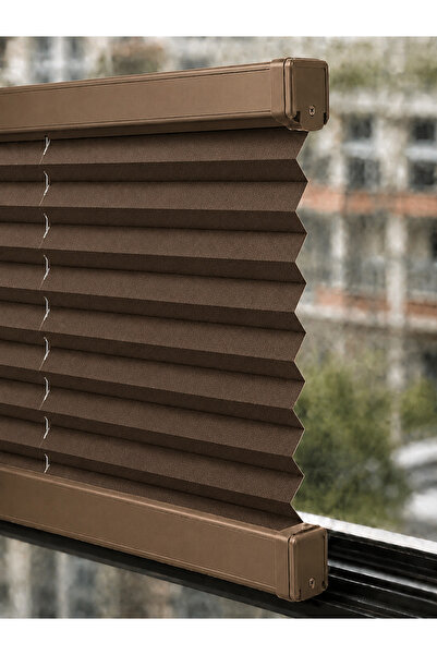 PLİSANSS Plise Perde (KAHVERENK KUMAŞ + BRONZ PROFİL KASA) Cam Balkon Perdesi