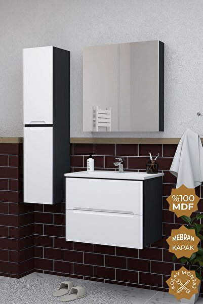 TETA HOME Kopenhag 65 cm MDF Gövde Membran Kapak Banyo Dolabı Seti + Boy Dolabı
