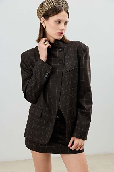 Antioch Kahve Kareli Dik Yaka Kadın Blazer Ceket