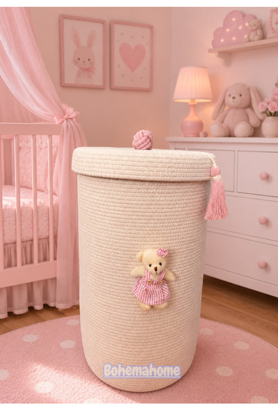 Bohemahomedecor Ekru büyük boy çamaşır oyuncak sepeti