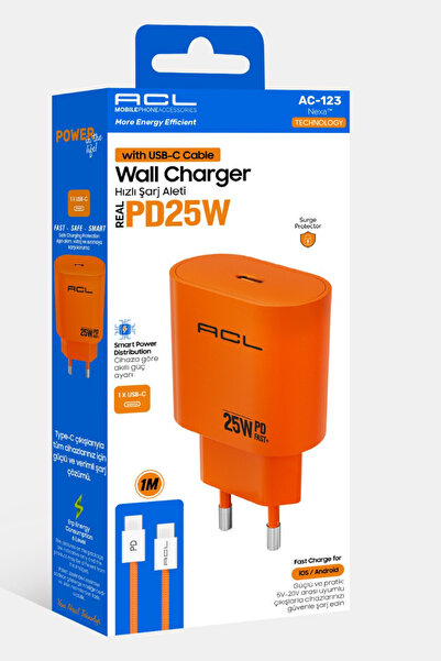 Rever 25W Şarj Aleti Turuncu Özel Renk Type-C Kablolu Hızlı Şarj Adaptör