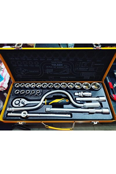 TOLSEN 24-Piece 1/2-Inch Drive Socket Set with Steel Case - Professional Chro...