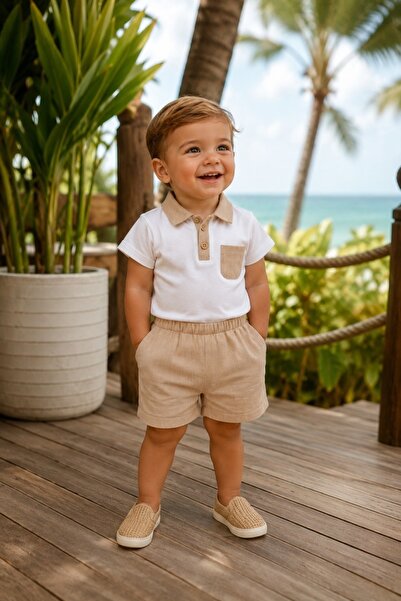 Pure Boutique Elegant baby boy Cotton outfit with white Polo Shirt and beige ...