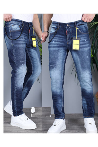m.baba Erkek Mavi Slim Fit Yıkamalı Jeans Kot Pantolon