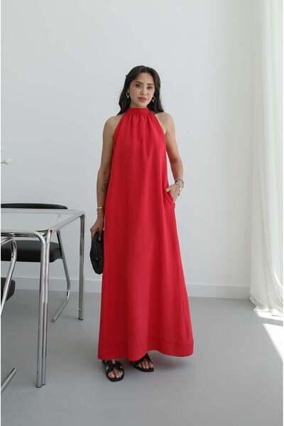 Havoş Red Linen Dress with Side Pockets