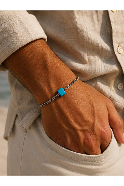 TUTU DESİGN Men's turquoise stone silver bracelet - minimal chain bracelet co...