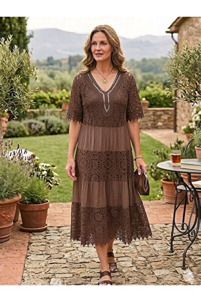 AYASOFYA OTANTIK Women's Italian Brown Sequined V-Neck Lace Midi Silk Dress