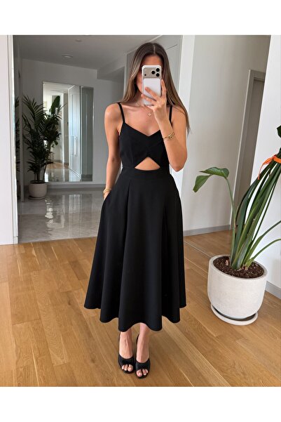 LOKADI Women's Black Chest-Cut Out Strap Dress with Window Detail and Pockets...