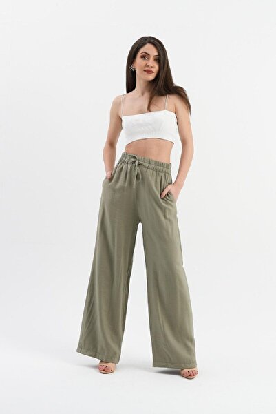 VELİZADE Women's Khaki Shiny Viscose Linen High Waist Wide Leg Palazzo Trouse...