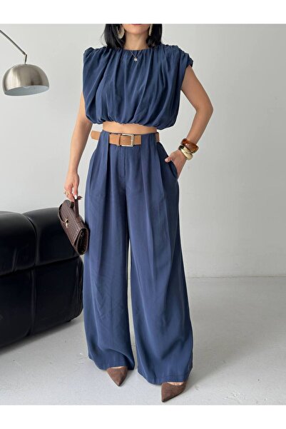 buqre's moda Women's Trendy Belted Trousers Padded Crop Blouse Loose Set
