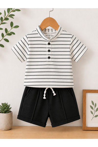 CQCQ White Striped Buttoned Waffle Fabric Boys' Summer Suit