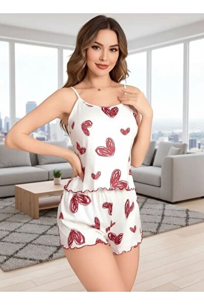 Generic Brand Women's White Heart Patterned Nightgown and Shorts Pajama Set C...