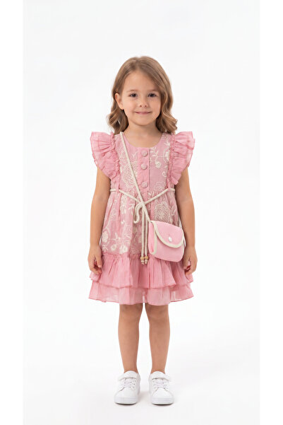 Mışıl Kids Çiçek Nakışlı Fırfırlı Düğmeli Çantalı Kız Çocuk Elbise