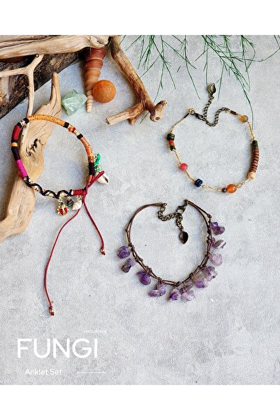 FUNGI El Yapımı 3’lü Doğal Taş Halhal Seti | Bohem Katmanlı Halhal