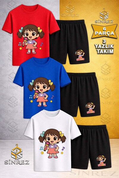 SİNREZ 3-Piece Kids' Girls' Printed Crew Neck T-Shirt with Microphone - Short...