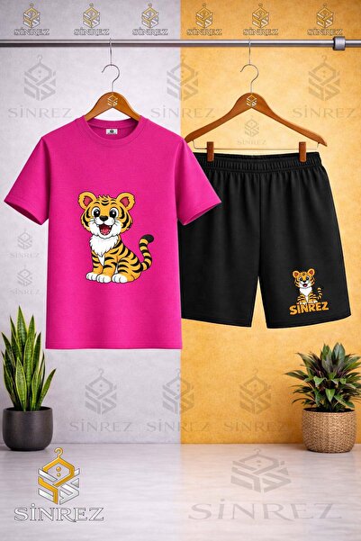 SİNREZ Tricou imprimat pentru copii cu guler rotund TIGER SITTING - Set panta...