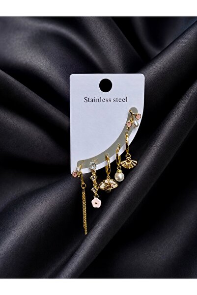 Çağla Accessories Set of 6 Steel Earrings in Pink Tones