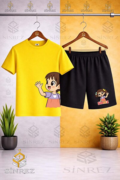 SİNREZ Crew Neck Kids' Girls' Left Side Printed T-Shirt - Shorts Set