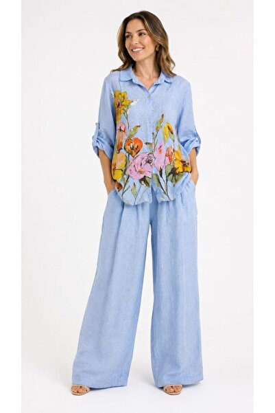 Marjinal Women's Floral Patterned 100% Linen Double Set
