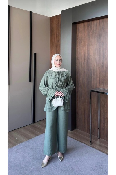 MODA VEDAT Women's Collar Sleeve Detailed Waist Drawstring Pants Set -0750 (S...