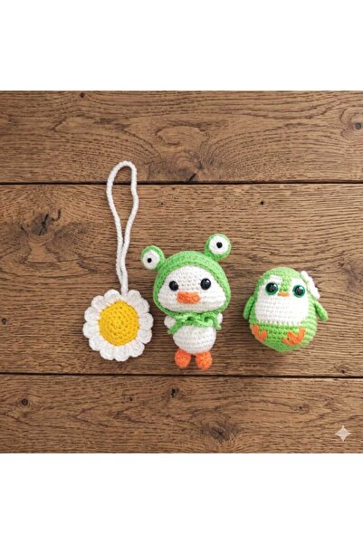 3'lü Amigurumi Anahtarlık Seti- El Örgüsü Kurbağa Ördek, Sevimli Penguen ve Papatya Çanta Aksesuarı