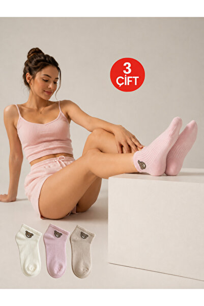 Onouqo 3 Pairs of Teddy Bear Patterned Women's Socks in Pastel Colored Cotton