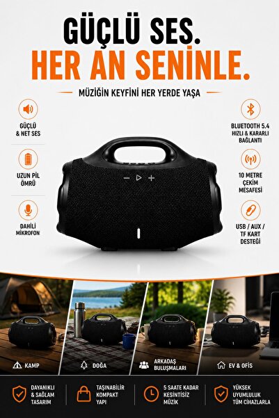 Yussraw BOOMSBOX 4 Mini Hoparlör Siyah Kablosuz Hoparlör FM Radyo USB/SD/AUX/TYPC Girişli Hoparlör