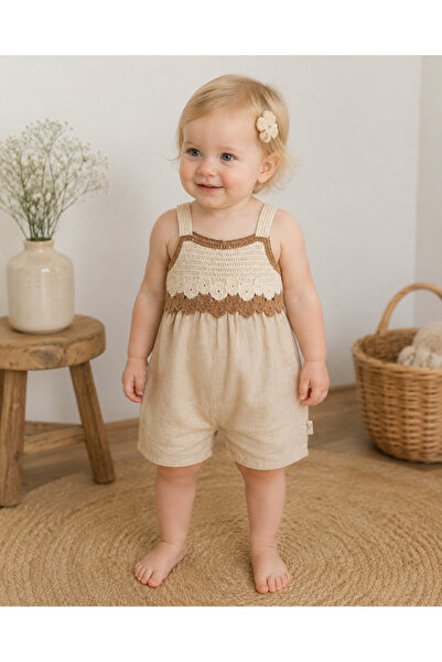 ALLYA MİNİ DRESS Kız Bebek Keten Tulum Örgü Detaylı Askılı Yazlık Bebek Tulum...