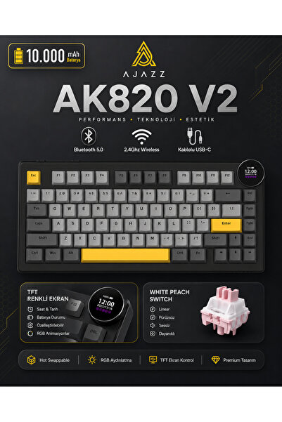 Ajazz Ak820 V2 Ekranlı, Kablosuz Mekanik Oyun Klavyesi-10.000 Mah Batarya