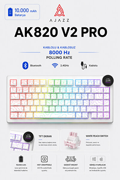 Ajazz Ak820 V2 Pro 8K+8K Ekranlı Mekanik Oyun Klavyesi-10.000 Mah Batarya