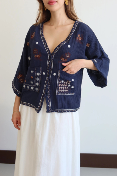 Lusin Women's Navy Blue Ethnic Embroidery Detailed Pocket Buttoned Summer Boh...