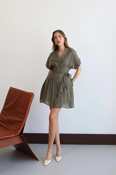 Lusin Women's Khaki V-Neck Belt Detailed Stylish Buttoned Premium Quality Lin...