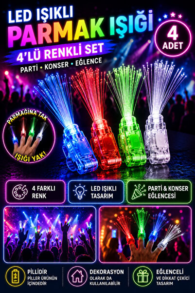 Tamsena Store Led Işıklı Renkli Püsküllü Parmak Işığı 4’lü Set Parti Konser E...