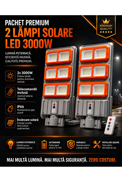 OEM Pachet 2x Lampi Solare Stradale PREMIUM LED 3000W (RO-V09)