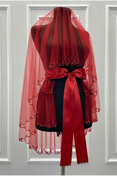 ZEYMERADE Red Bridal Veil Set, Sparkling Crystal Stone Decorated, Henna Night...