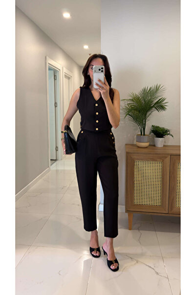 BİRCANÇİL Liod Black Gold Button Detailed Vest and Trousers Set