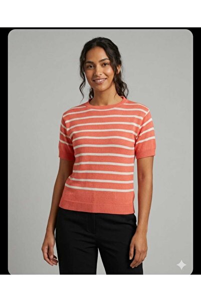 EGEMS Women's Turquoise Short-Sleeved Striped Stylish Summer Sweater