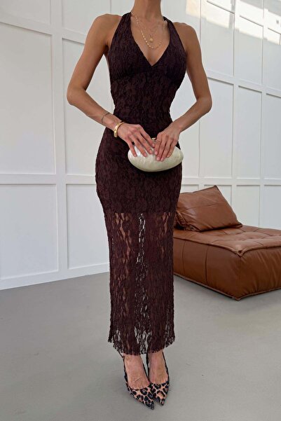 mylove Halter Neck Textured Dress Brown