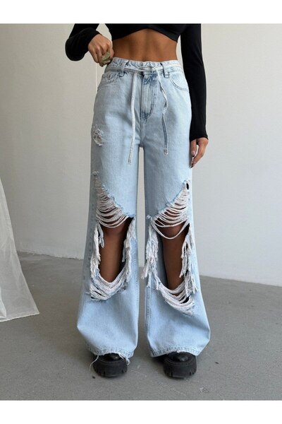 DENİKK Trendy Special Design Loose Fit Laser Detail Baggy Denim Jean Pants-Tr...