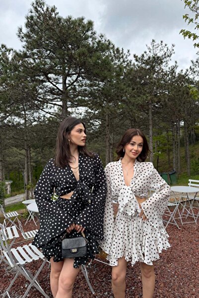 mylove Polka Dot Kimono Ruffle Shorts Skirt Set Black