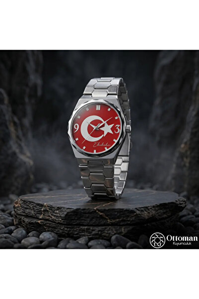 DESİGN OTTOMAN KUYUMCULUK Fosforlu Ay Yıldızlı Gümüş Kadranlı Kol Saati