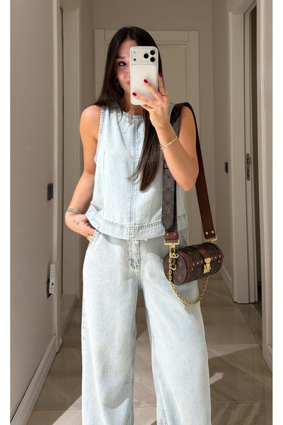 My Blog Ice Blue Back Zipper Detailed Tencel Denim Vest Pants Set - 4173